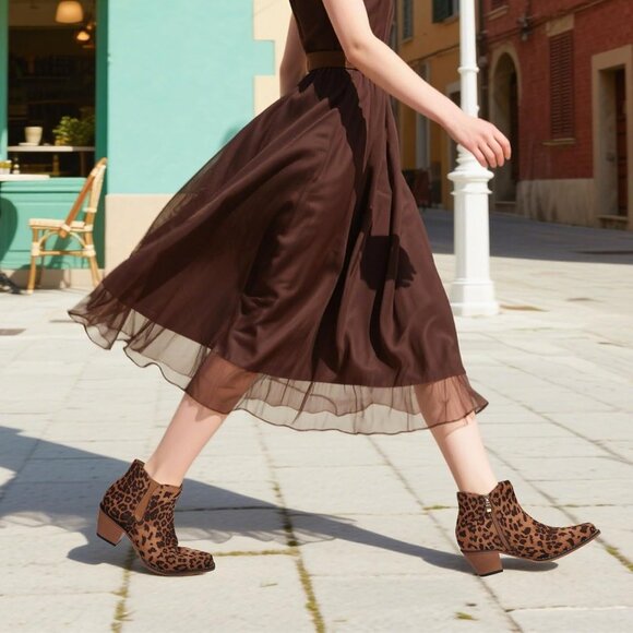 Women's Cheetah Cowgirl Embroidered Chunky Heel Fashion Snip Toe Casual Boots - Picture 2 of 5